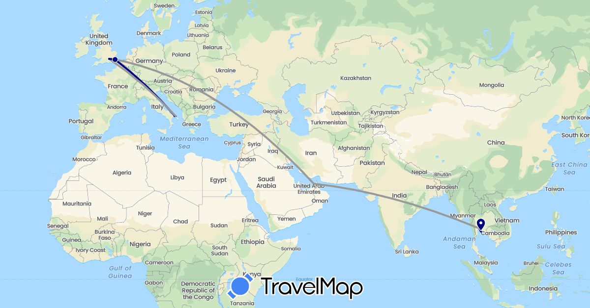 TravelMap itinerary: driving, plane in United Arab Emirates, United Kingdom, Italy, Thailand (Asia, Europe)